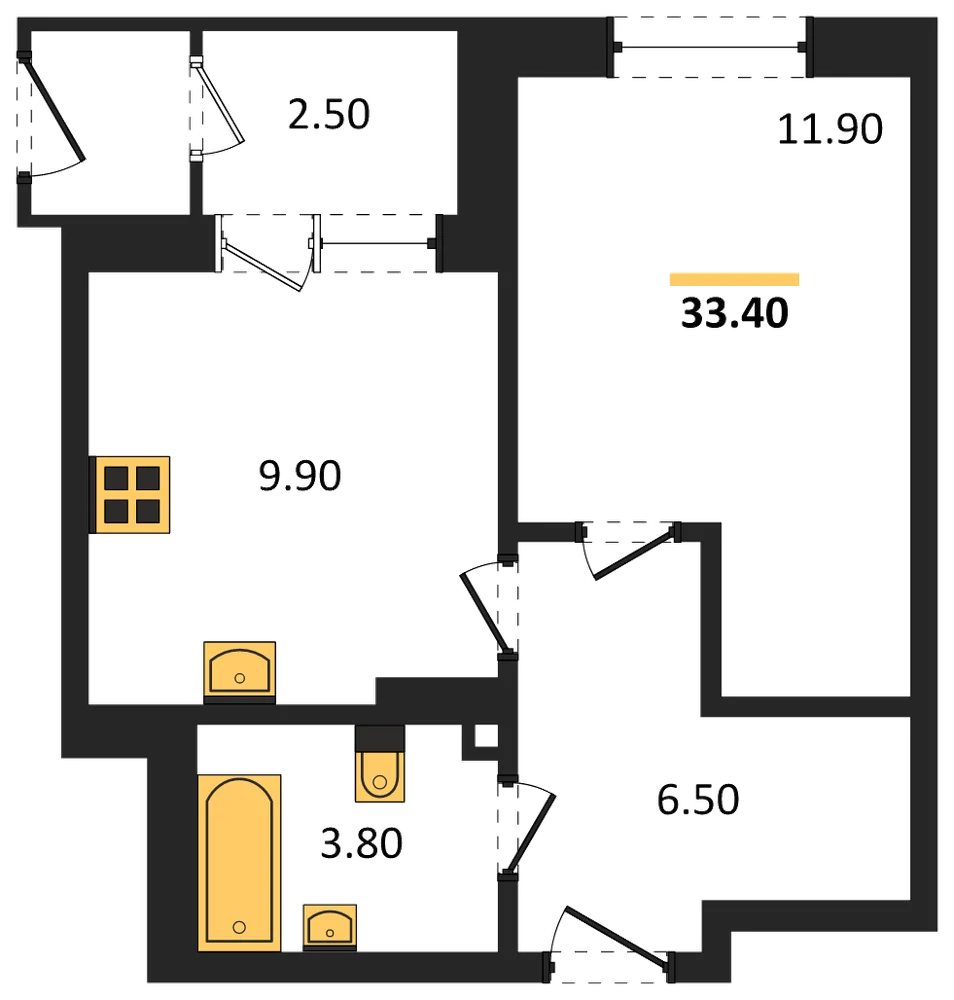 Планировка: 1-комн., 33,4 м²