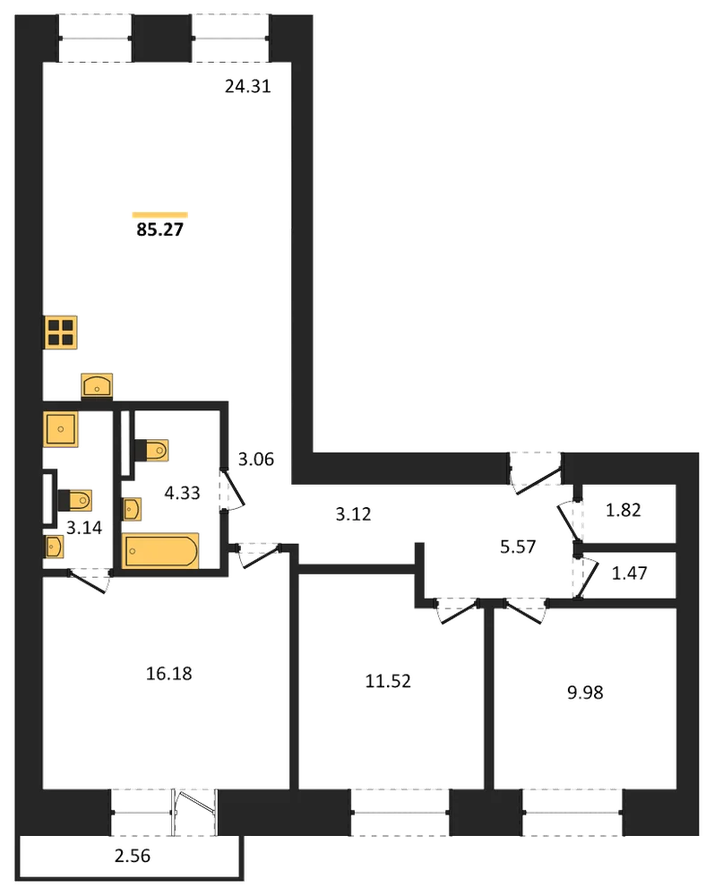Планировка: 3-комн., 85,3 м²
