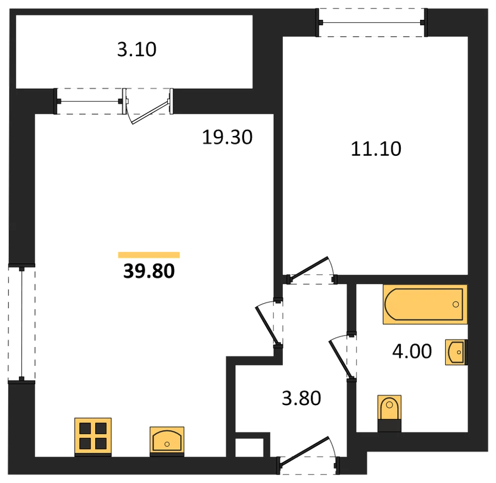 Планировка: 1-комн., 39,8 м²