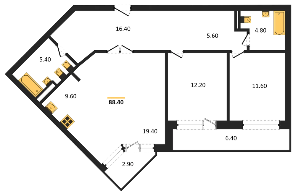 Планировка: 2-комн., 88,4 м²