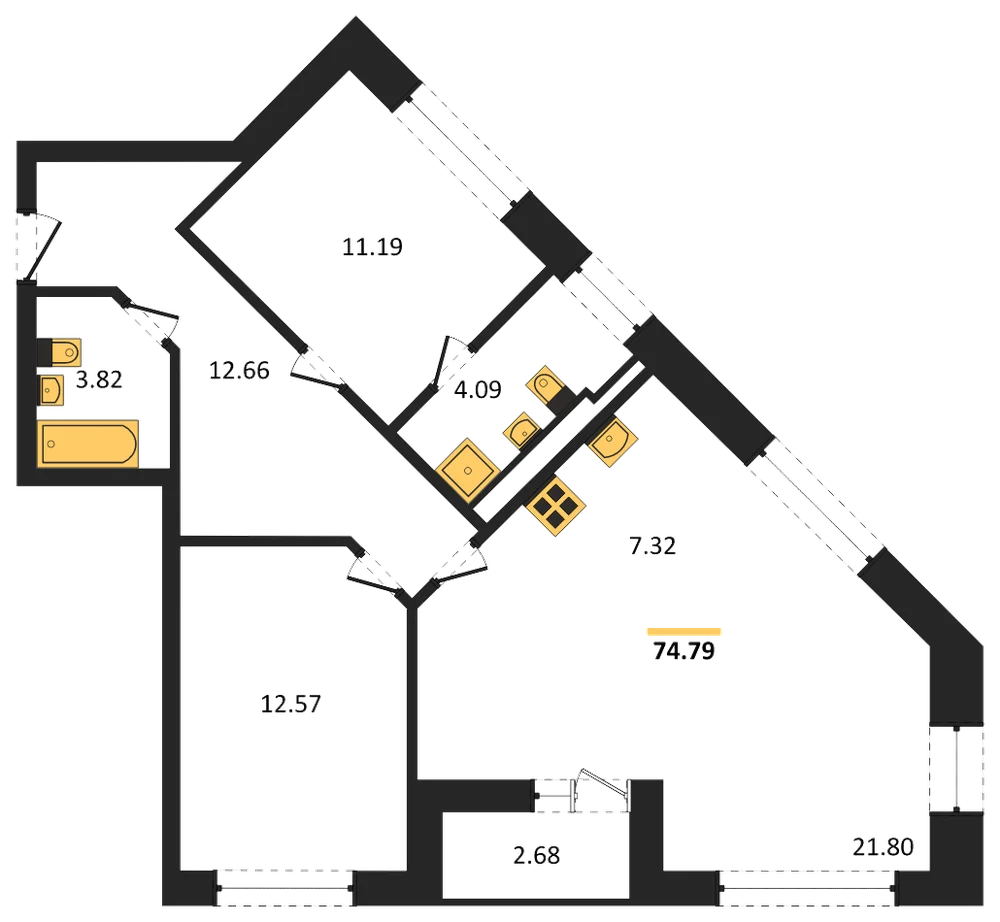 Планировка: 2-комн., 74,8 м²