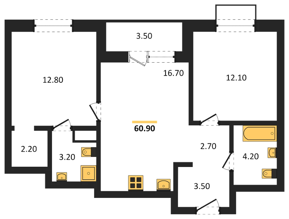 Планировка: 2-комн., 60,9 м²