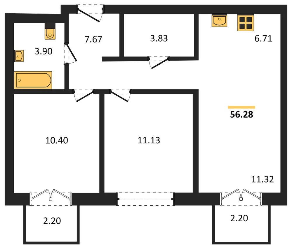 Планировка: 3-комн., 56 м²