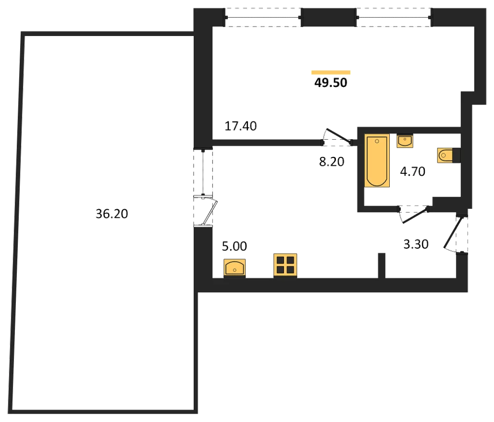 Планировка: 1-комн., 49,5 м²