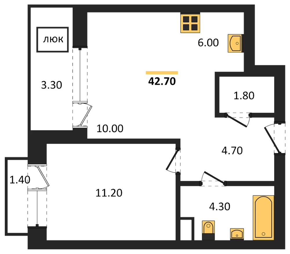 Планировка: 1-комн., 42,7 м²