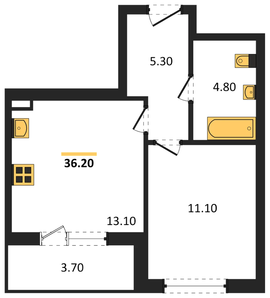 Планировка: 1-комн., 36,1 м²