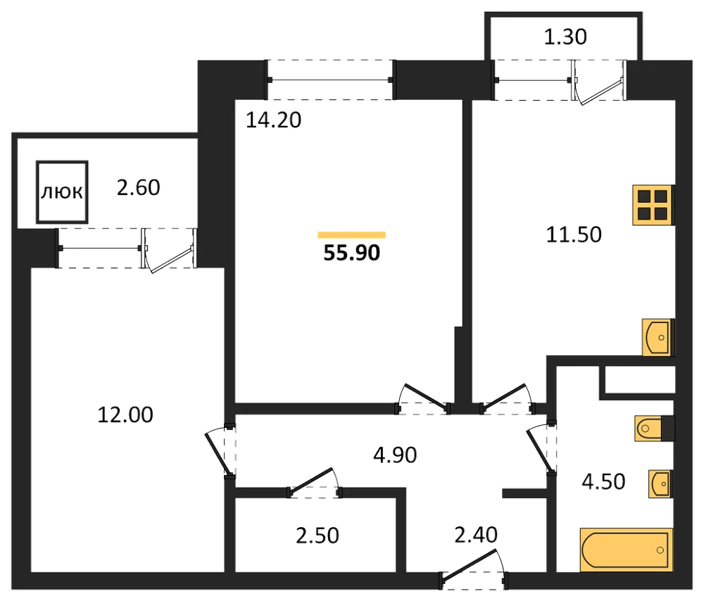 Планировка: 2-комн., 55,9 м²