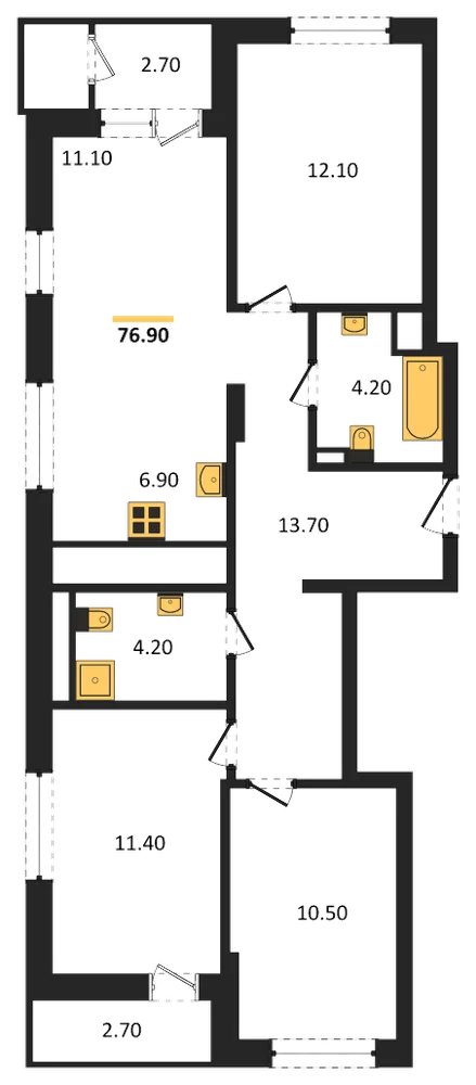 Планировка: 3-комн., 76,9 м²