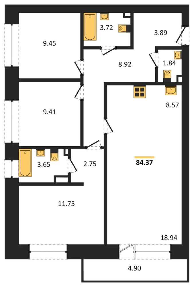 Планировка: 3-комн., 87,8 м²