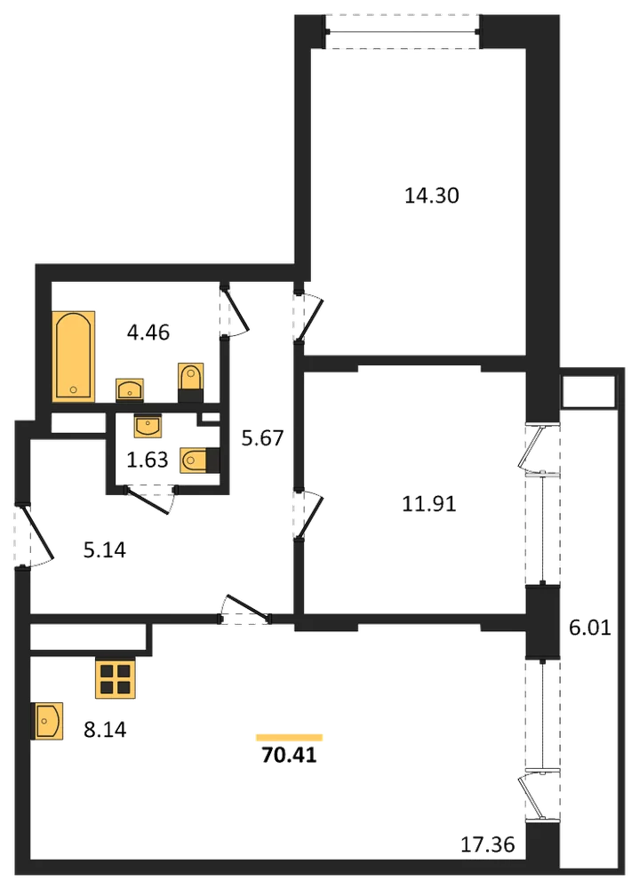 Планировка: 2-комн., 70,4 м²