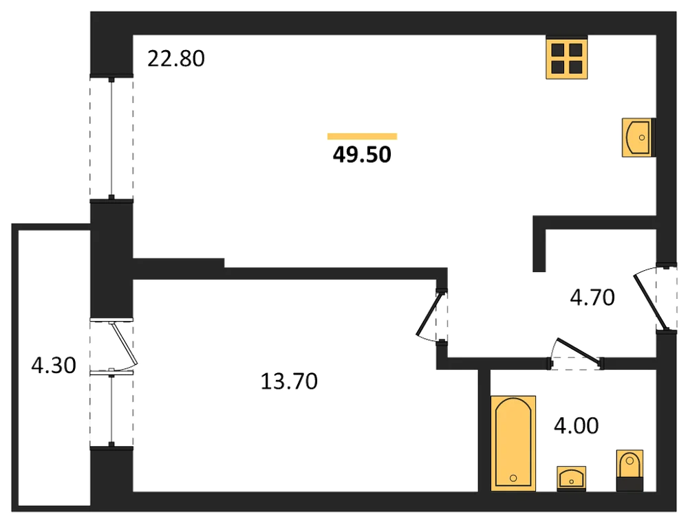 Планировка: 1-комн., 46,5 м²