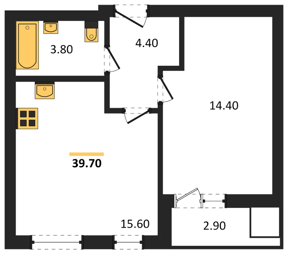 Планировка: 1-комн., 39,7 м²