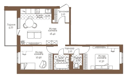 Планировка: 2-комн., 58,6 м²