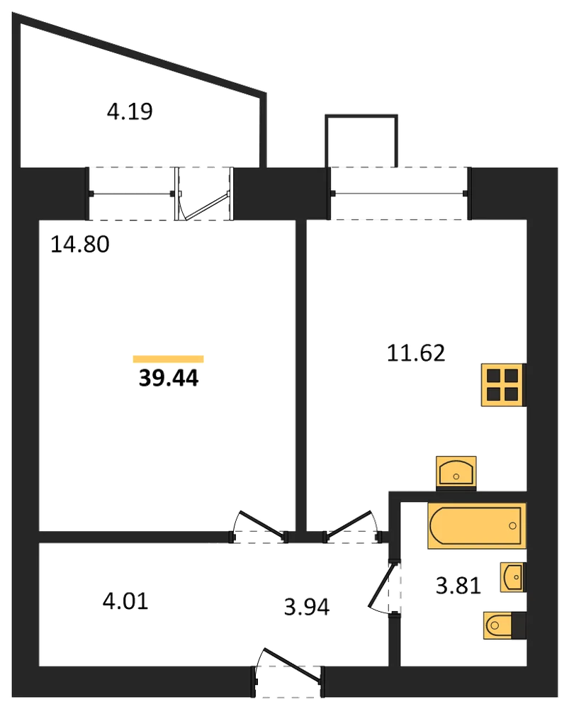 Планировка: 1-комн., 39,4 м²