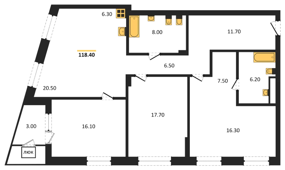 Планировка: 3-комн., 118,4 м²