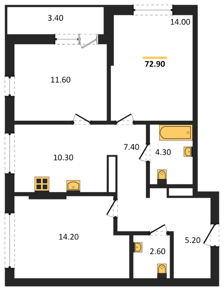 Планировка: 3-комн., 72,9 м²