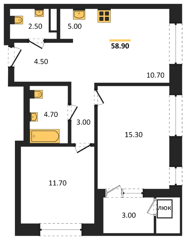 Планировка: 3-комн., 58,9 м²