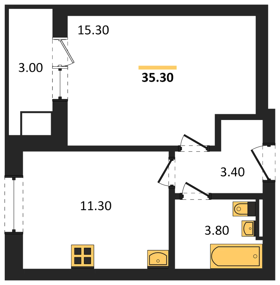 Планировка: 1-комн., 35,3 м²