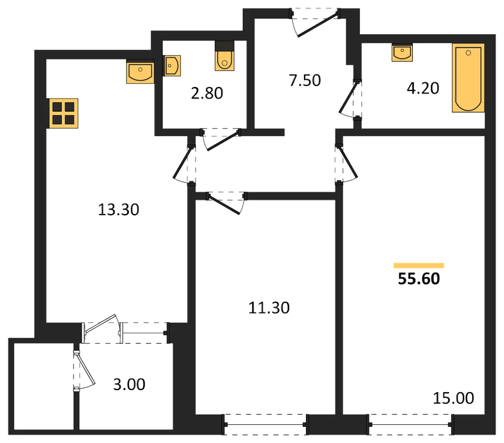 Планировка: 2-комн., 55,6 м²