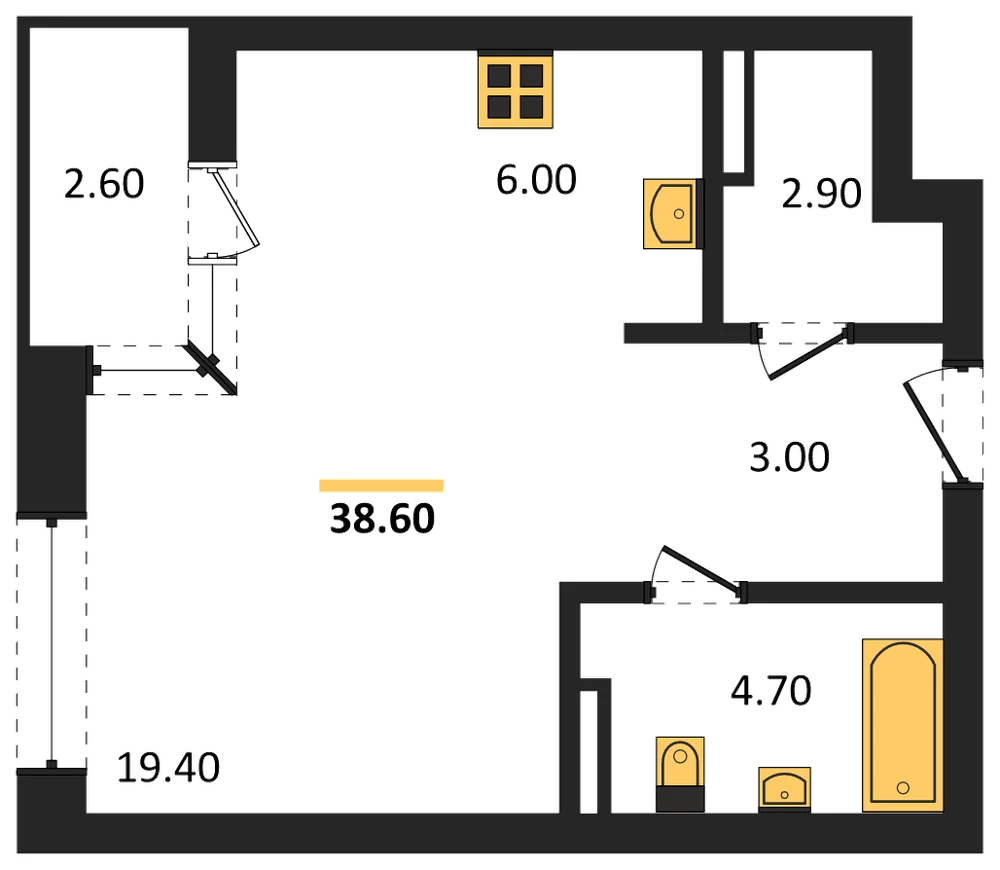 Планировка: Студия, 38,6 м²