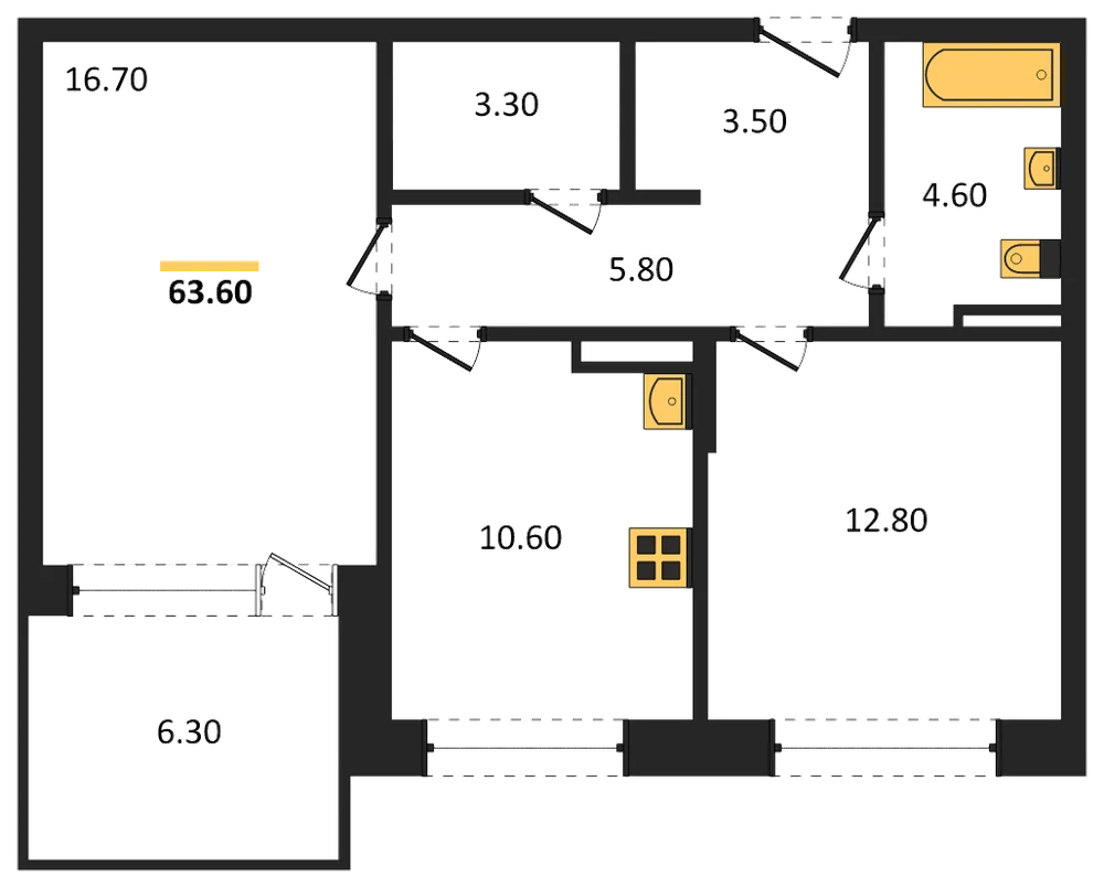 Планировка: 2-комн., 63,6 м²