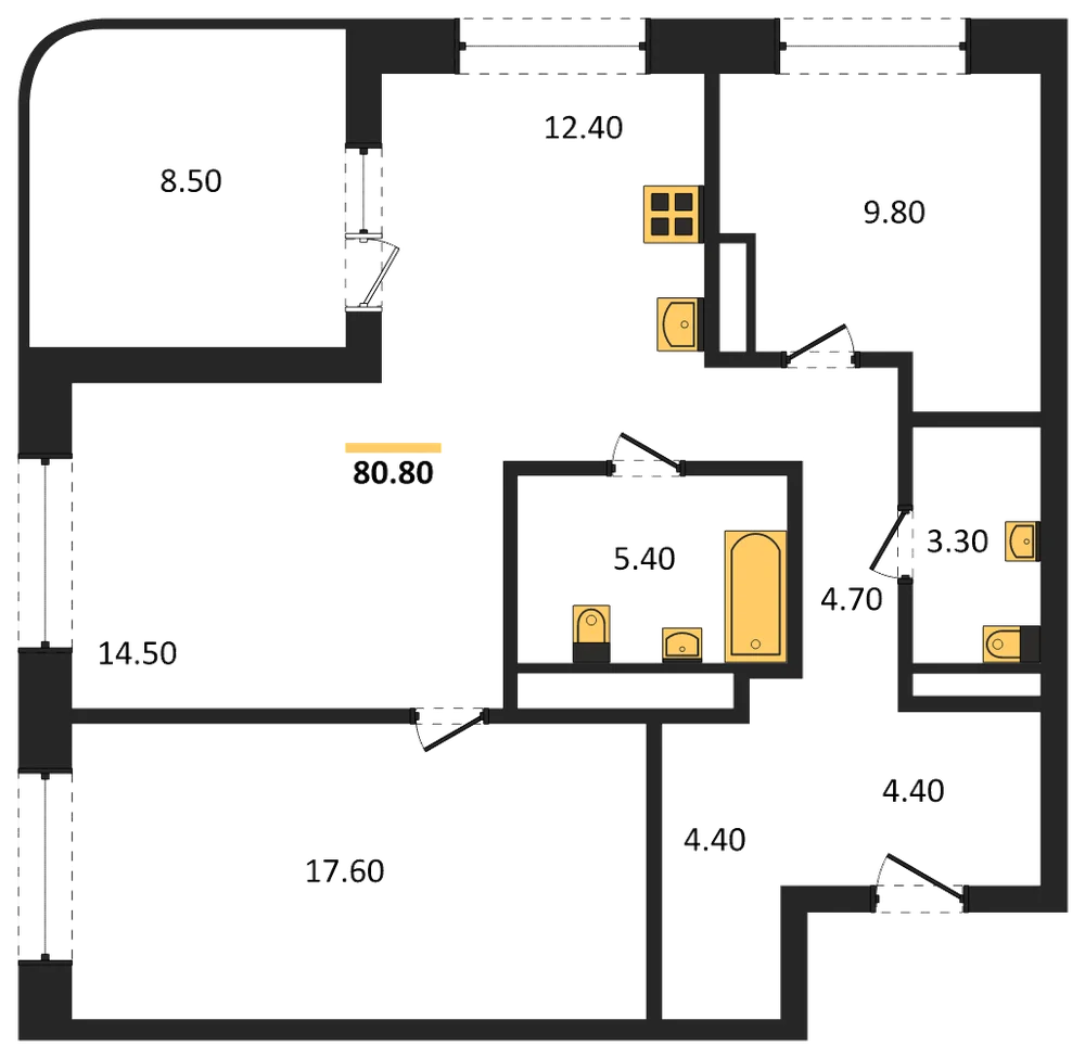 Планировка: 3-комн., 80,8 м²