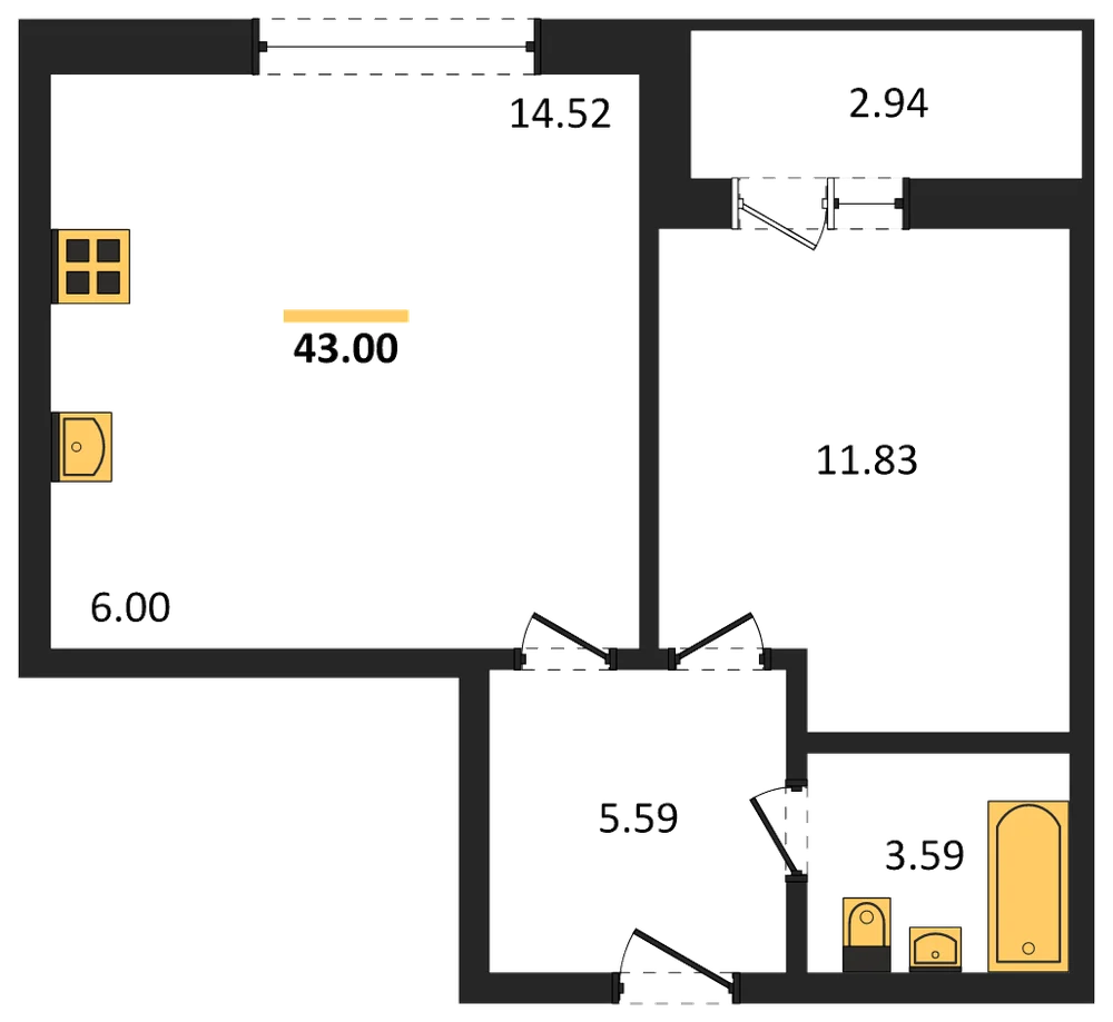 Планировка: 1-комн., 43 м²