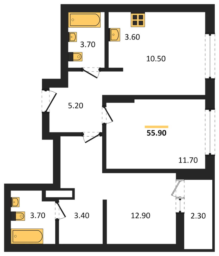 Планировка: 2-комн., 55,9 м²
