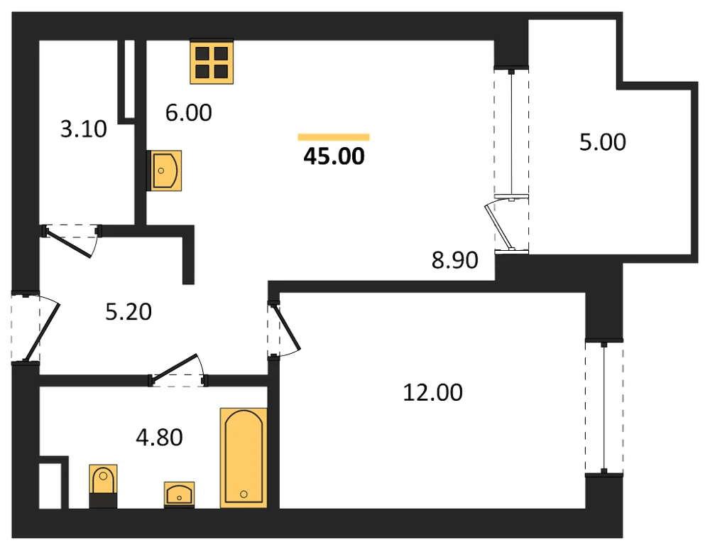 Планировка: 1-комн., 45 м²