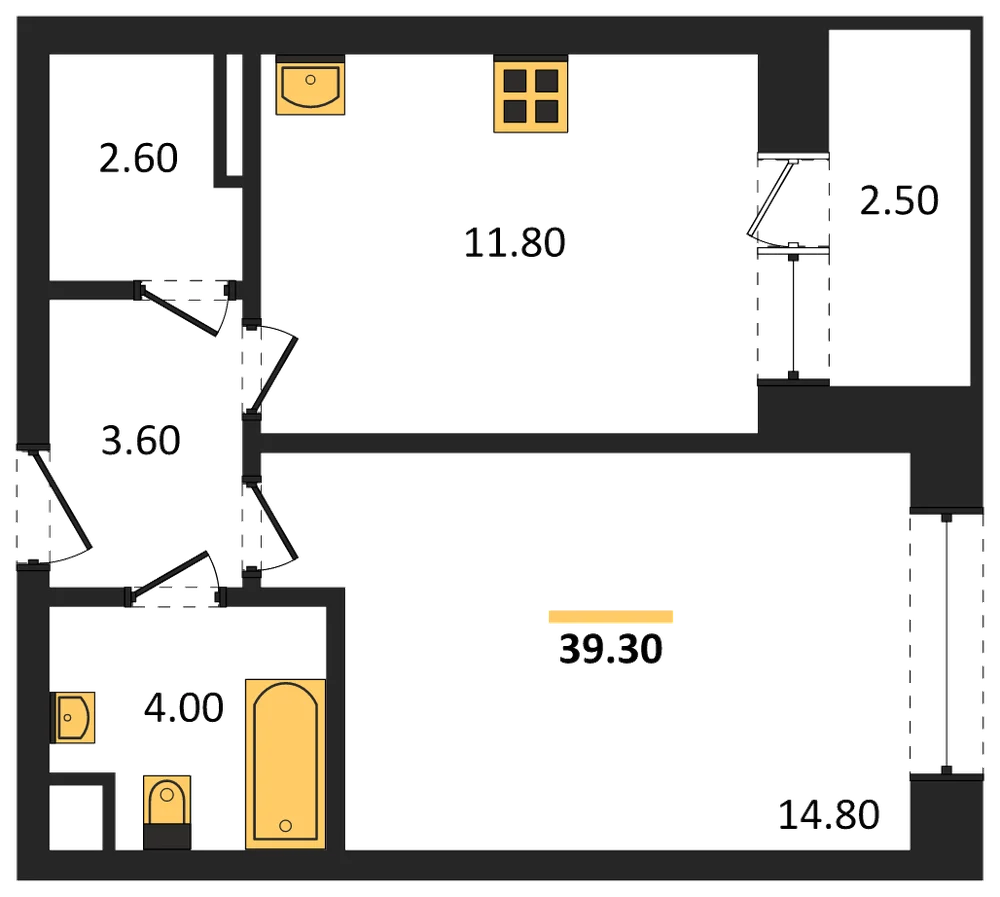 Планировка: 1-комн., 39,3 м²