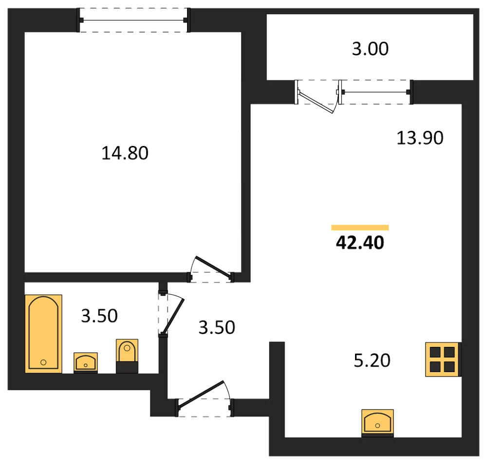 Планировка: 1-комн., 42,4 м²