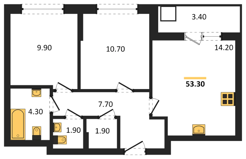 Планировка: 2-комн., 53,3 м²