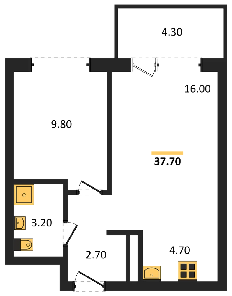 Планировка: 1-комн., 37,7 м²