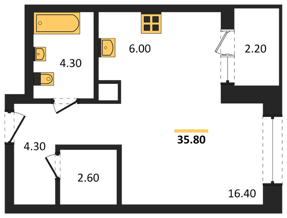 Планировка: Студия, 35,8 м²