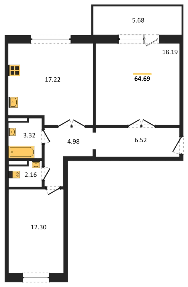 Планировка: 2-комн., 64,6 м²