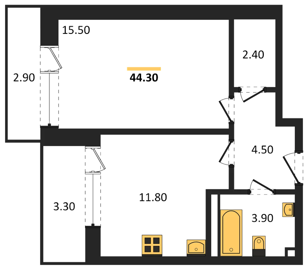 Планировка: 1-комн., 44,3 м²