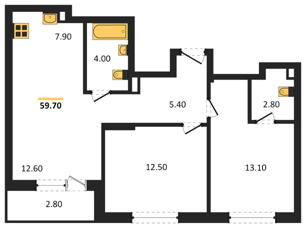 Планировка: 2-комн., 59,7 м²