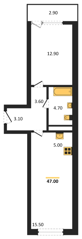 Планировка: 1-комн., 47 м²