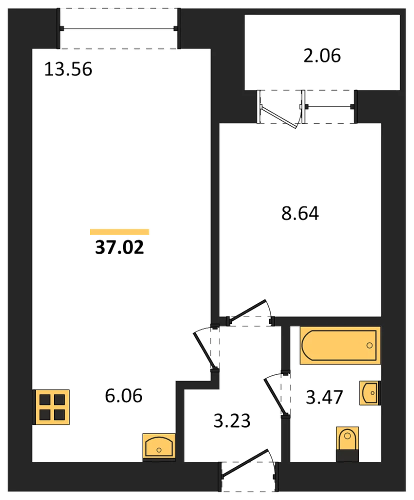 Планировка: 1-комн., 37 м²