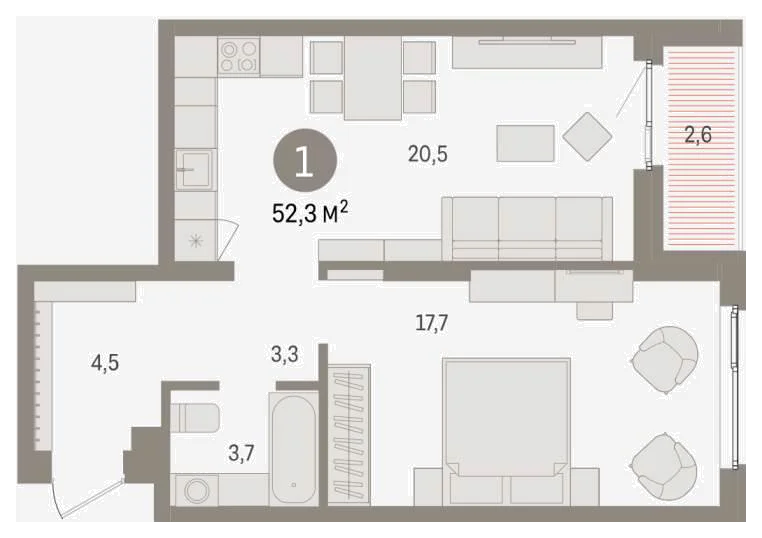Планировка: 1-комн., 52,3 м²