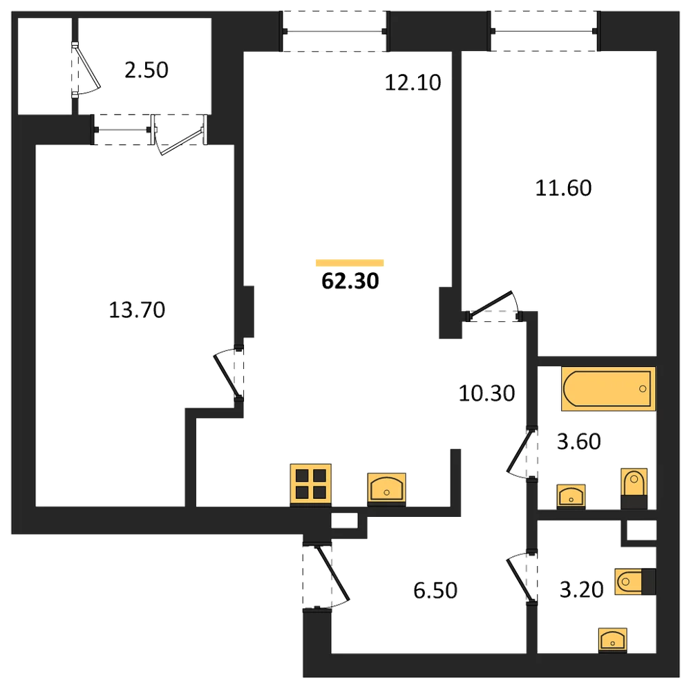 Планировка: 2-комн., 62,3 м²