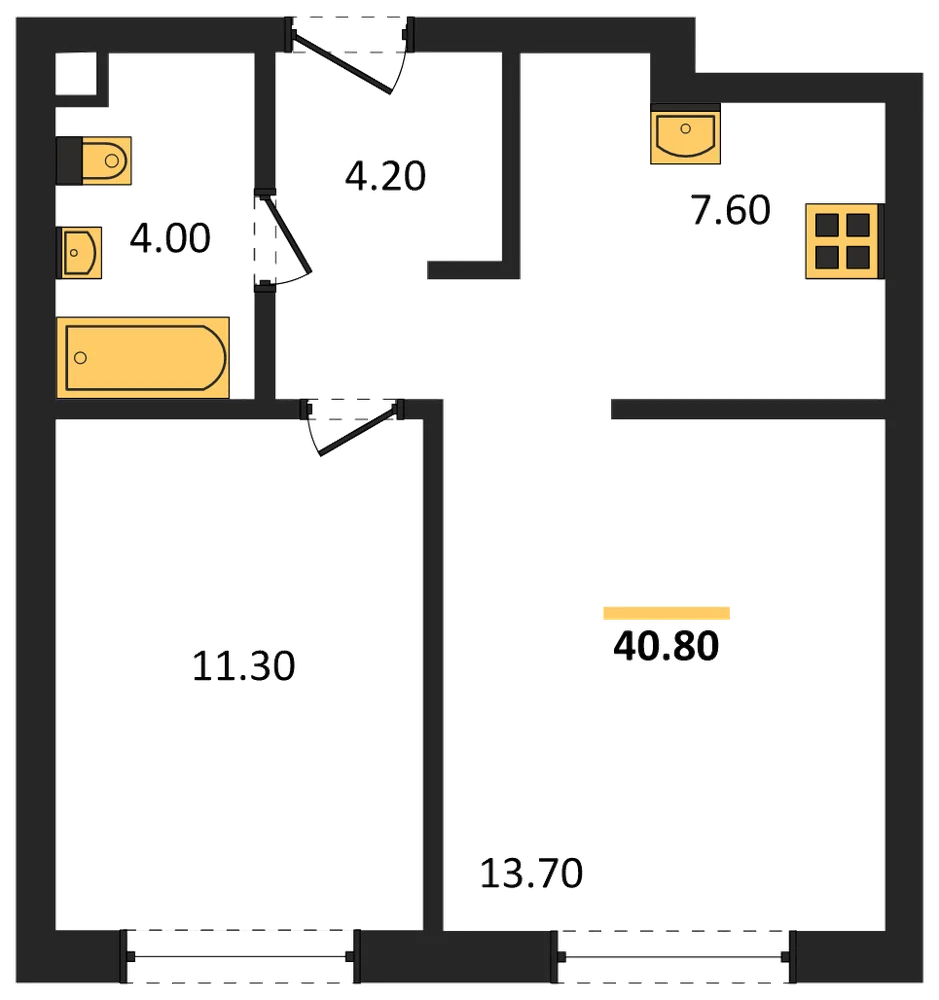 Планировка: 1-комн., 40,8 м²