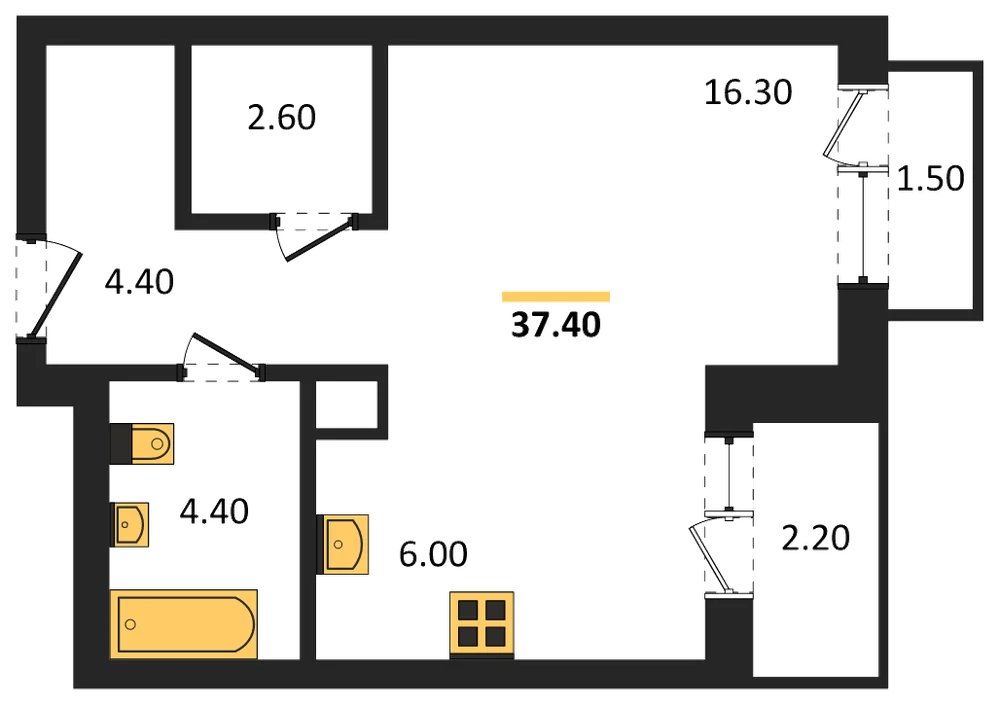 Планировка: Студия, 37,4 м²