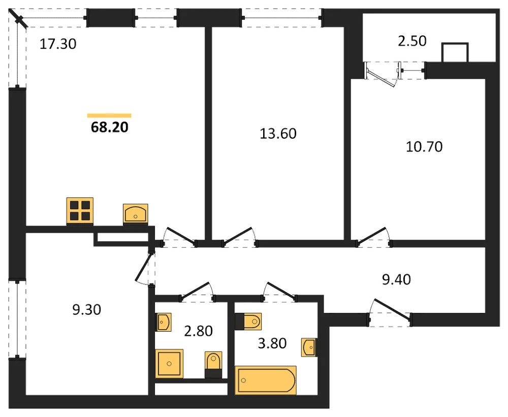 Планировка: 3-комн., 68,2 м²