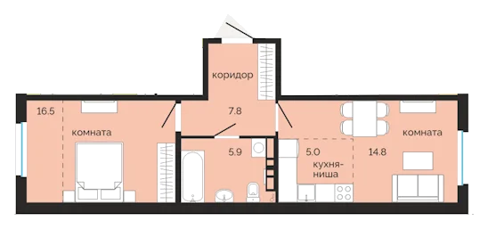 Планировка: 1-комн., 50,1 м²