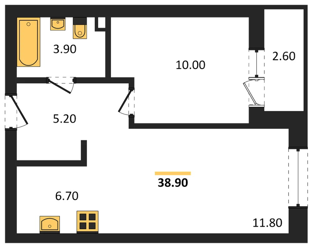 Планировка: 1-комн., 38,9 м²
