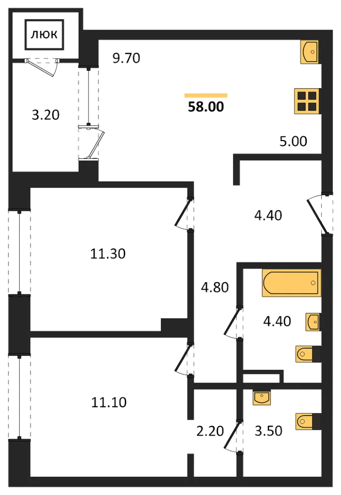 Планировка: 2-комн., 58 м²