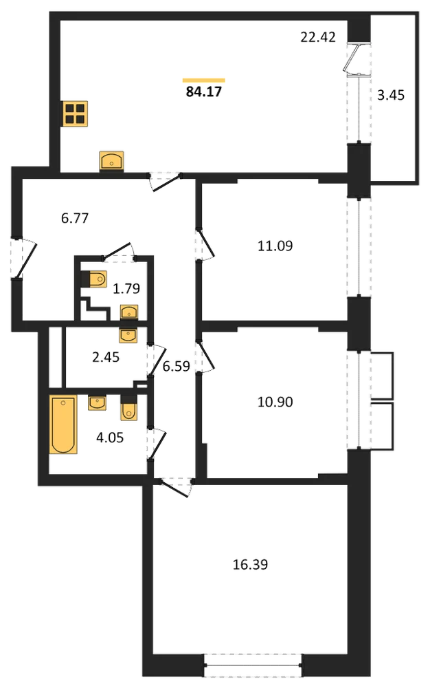Планировка: 3-комн., 84,2 м²