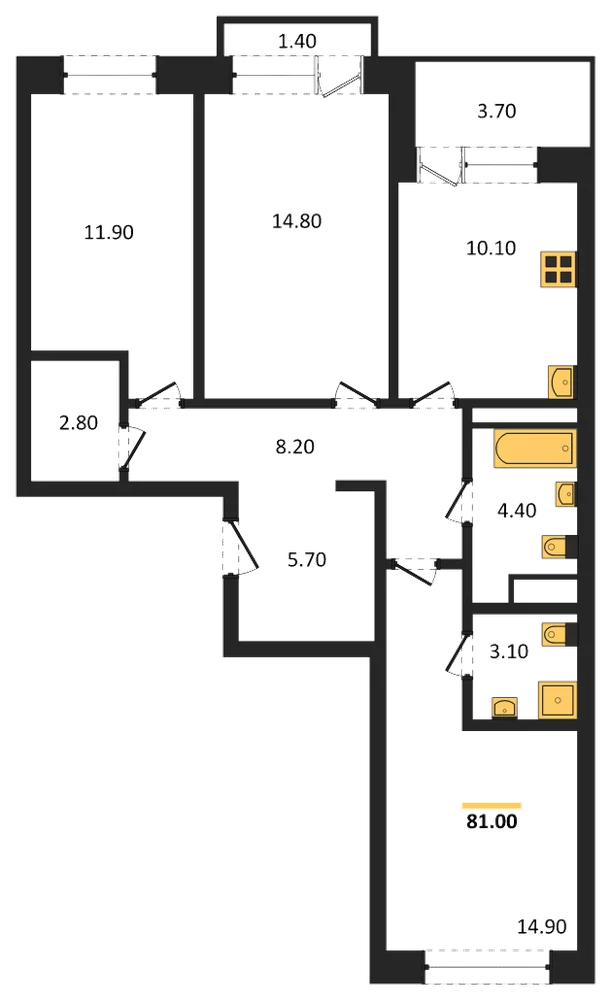 Планировка: 3-комн., 81 м²