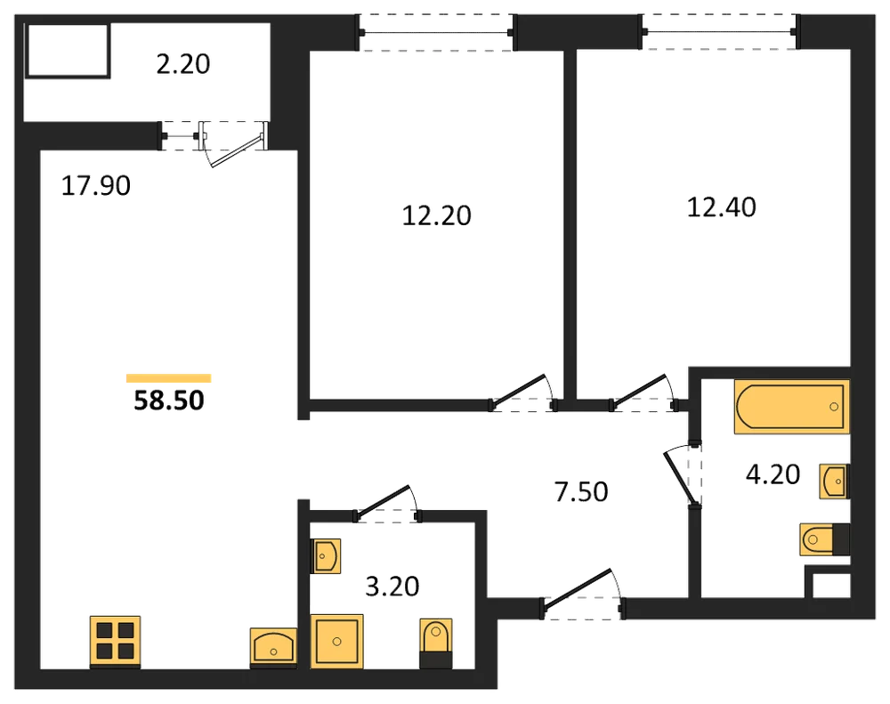Планировка: 2-комн., 58,5 м²